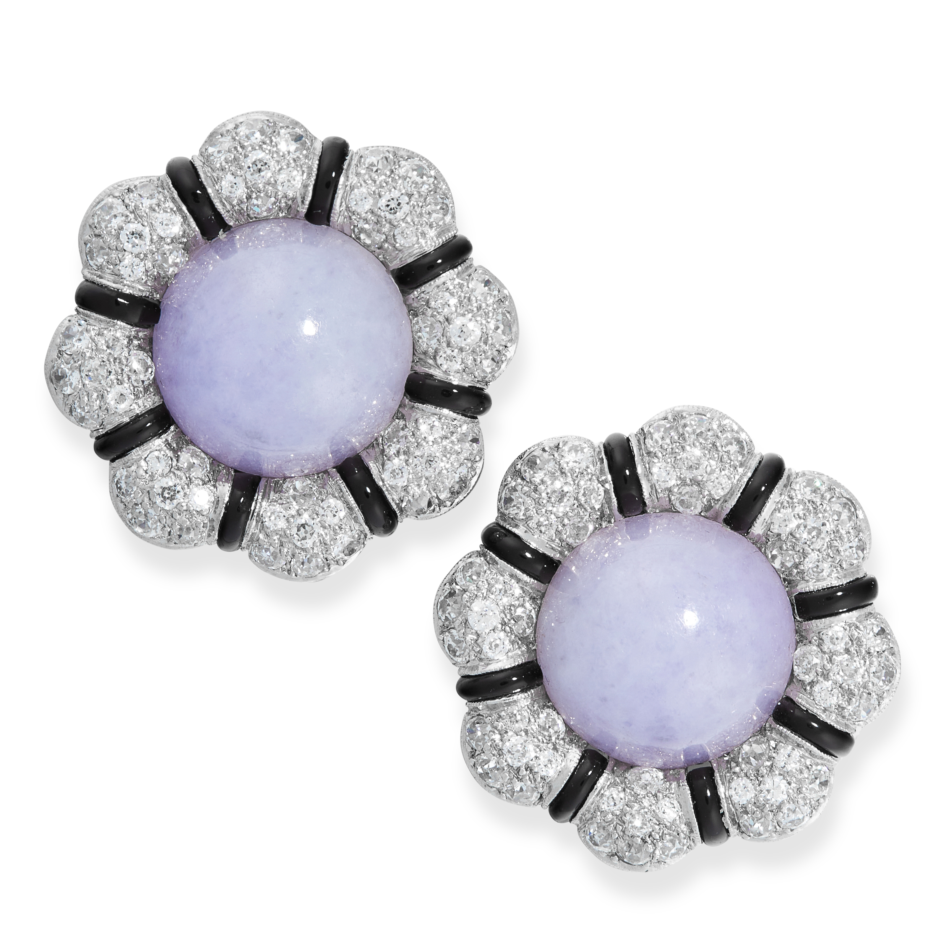 PAIR OF LAVENDER JADEITE, ONYX AND DIAMOND EARRINGS each centred on a cabochon of lavender