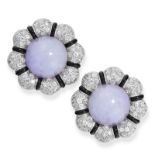 PAIR OF LAVENDER JADEITE, ONYX AND DIAMOND EARRINGS each centred on a cabochon of lavender