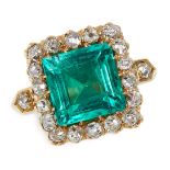 ANTIQUE COLOMBIAN EMERALD AND DIAMOND RING, LATE 19TH CENTURY claw-set with a step-cut emerald