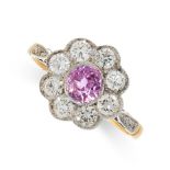 PINK SAPPHIRE AND DIAMOND DRESS RING in 18ct yellow gold, set with a round cut pink sapphire of 0.97