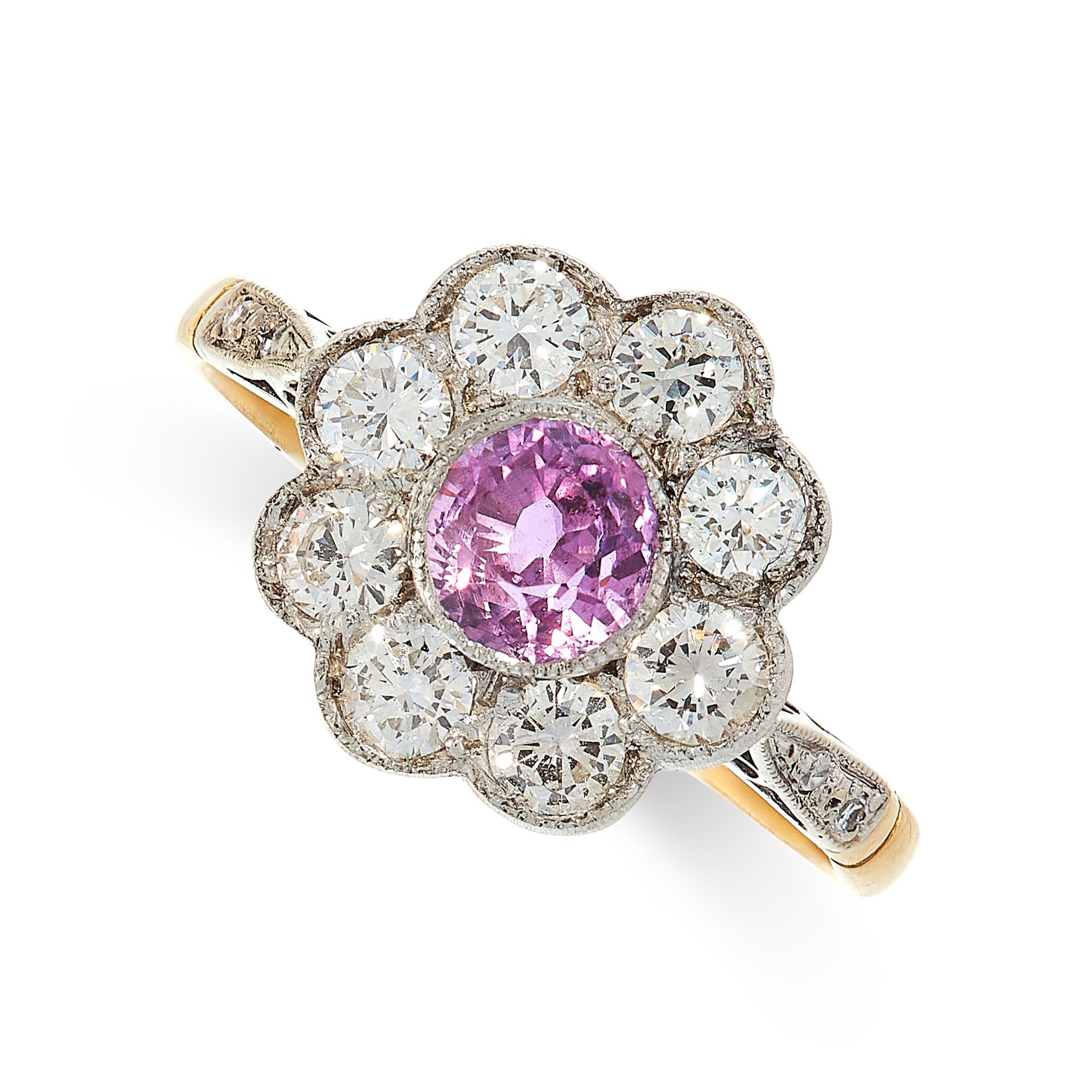 PINK SAPPHIRE AND DIAMOND DRESS RING in 18ct yellow gold, set with a round cut pink sapphire of 0.97