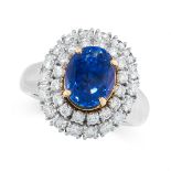 SAPPHIRE AND DIAMOND RING claw-set with an oval sapphire within a double border of brilliant-cut