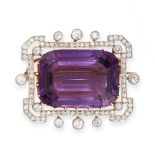 ANTIQUE BELLE EPOQUE AMETHYST AND DIAMOND BROOCH, CIRCA 1910 in yellow gold and platinum, claw-