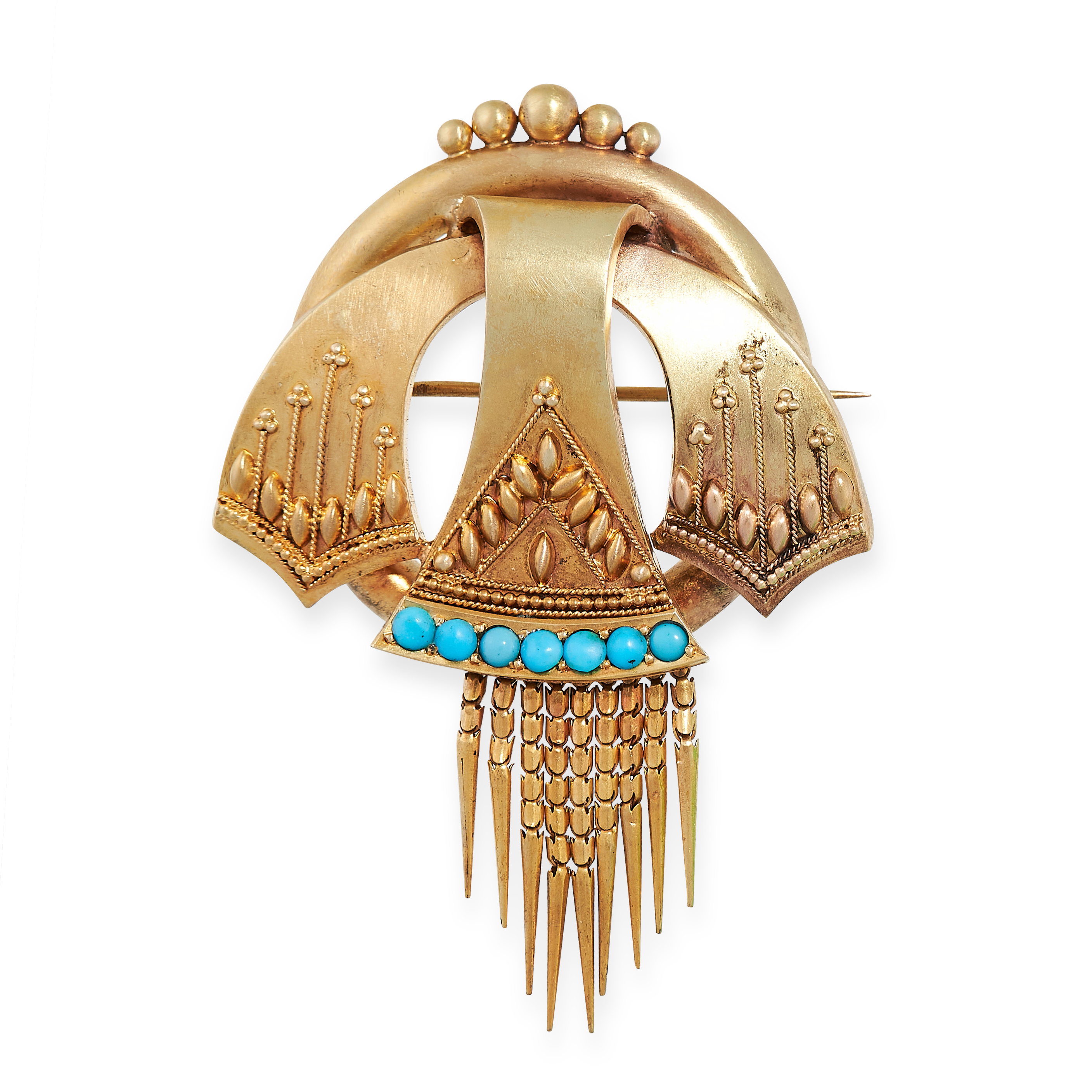 ANTIQUE TURQUOISE TASSEL BROOCH, 19TH CENTURY mounted in yellow gold, designed in the revivalist