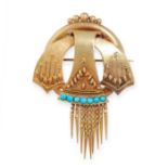 ANTIQUE TURQUOISE TASSEL BROOCH, 19TH CENTURY mounted in yellow gold, designed in the revivalist