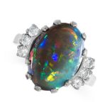 BLACK OPAL AND DIAMOND RING mounted in 14ct white gold, set with a central oval cabochon black