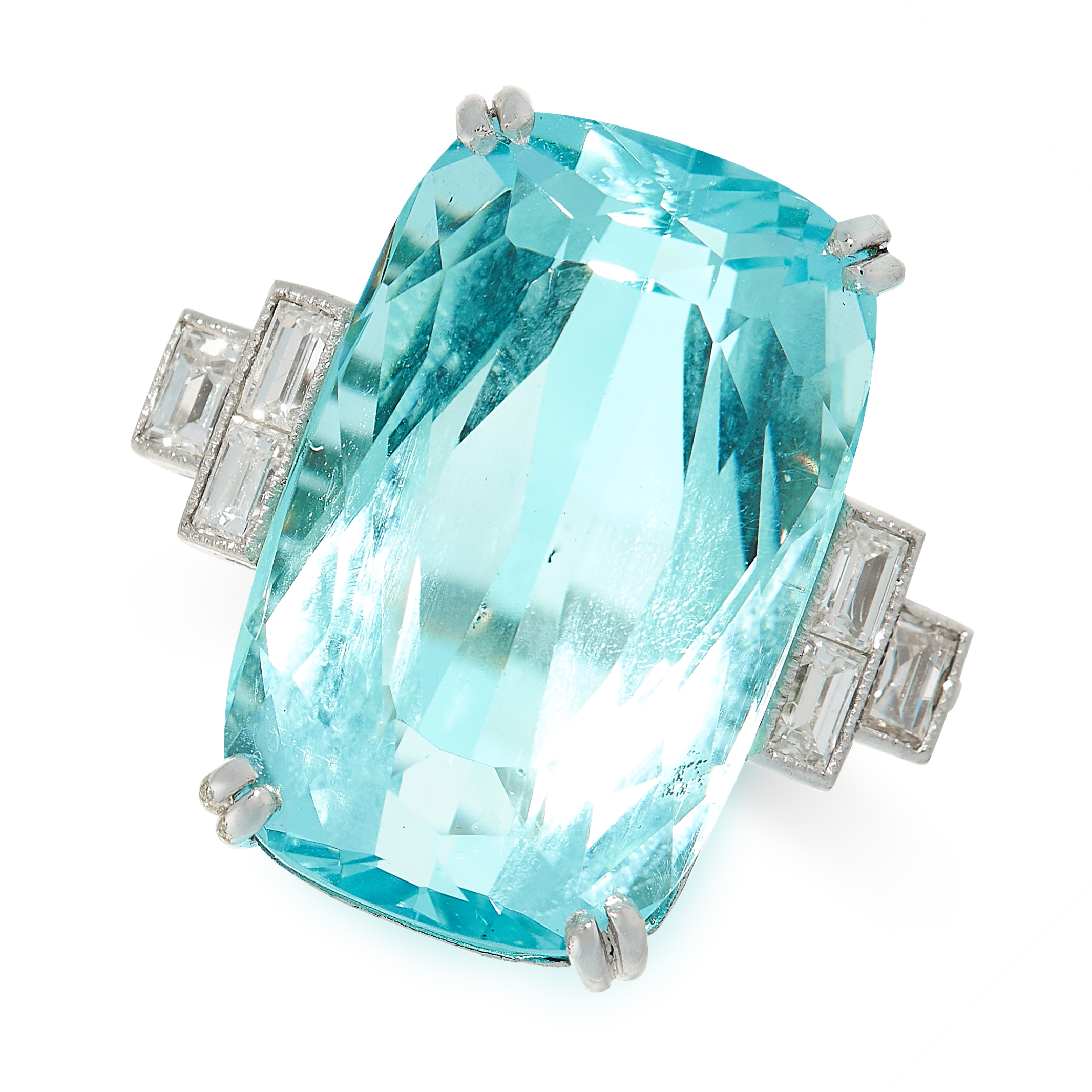 AQUAMARINE AND DIAMOND RING claw set with a cushion shaped aquamarine of 17.94 carats, accented by
