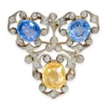 ANTIQUE CEYLON NO HEAT SAPPHIRE AND DIAMOND BROOCH, CIRCA 1900 of trefoil design, set with two