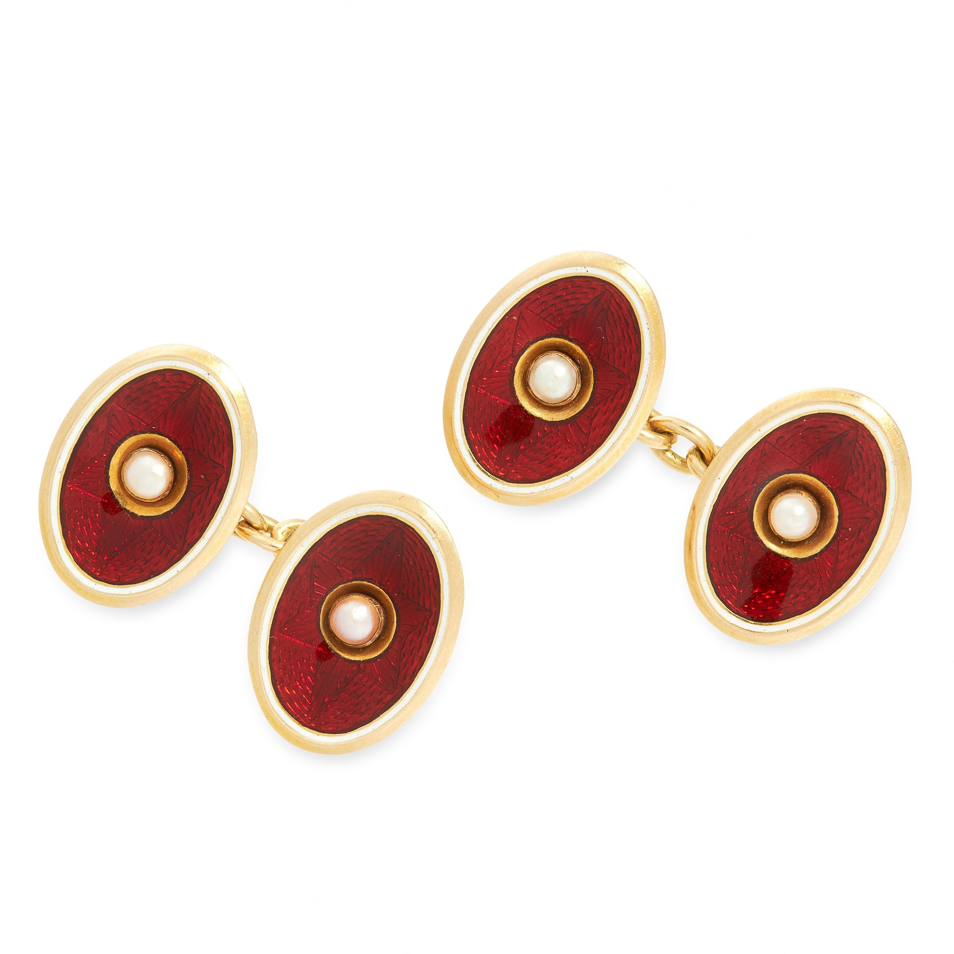 PAIR OF PEARL AND ENAMEL CUFFLINKS in 18ct yellow gold, each formed of two oval links set with