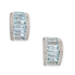 PAIR OF AQUAMARINE AND DIAMOND EARRINGS each formed as a half hoop, set with rows of step cut