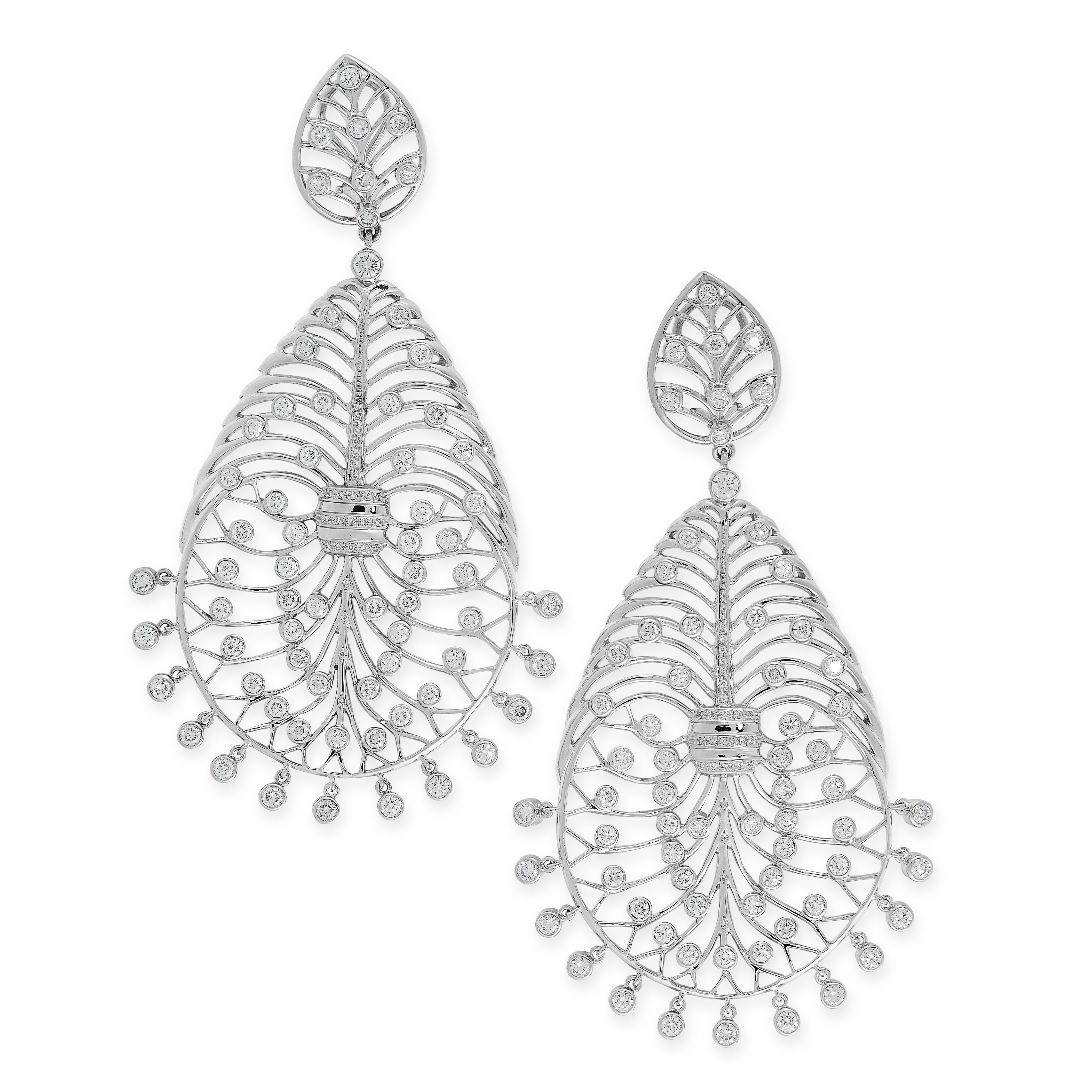 PAIR OF DIAMOND EARRINGS the articulated body of each formed of graduated openwork leaf motifs,