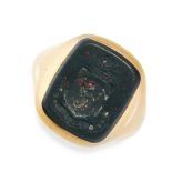 ANTIQUE BLOODSTONE INTAGLIO SEAL / SIGNET RING, 1907 mounted in yellow gold, set with a cushion