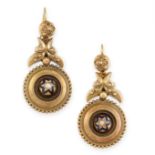 PAIR OF ANTIQUE PEARL AND ENAMEL EARRINGS, 19TH CENTURY in yellow gold, the circular bodies set with