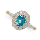 ZIRCON AND DIAMOND RING, 1960S of cluster design, set with an oval blue zircon, within a border of