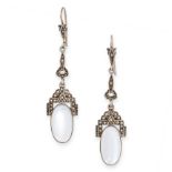 PAIR OF MOONSTONE AND SEED PEARL EARRINGS each of pendent design, composed of geometric links