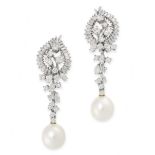 PAIR OF PEARL AND DIAMOND EARRINGS in 18ct white gold, each designed as a cluster of round, marquise
