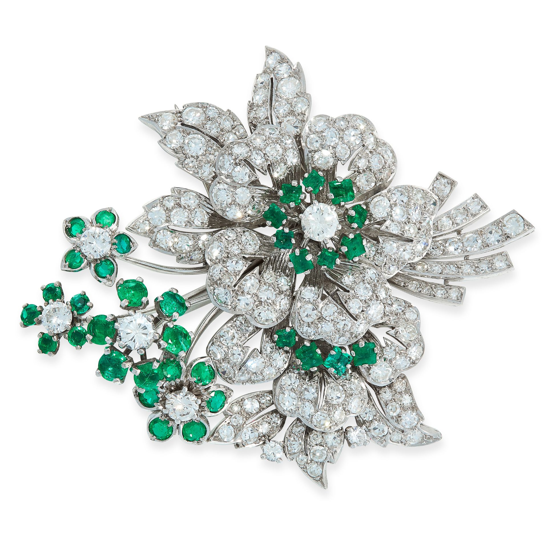 EMERALD AND DIAMOND BROOCH, 1960S designed as a floral bouquet, set with single- and brilliant-cut