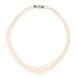 ANTIQUE NATURAL PEARL AND DIAMOND NECKLACE, EARLY 20TH CENTURY designed as three rows of graduated
