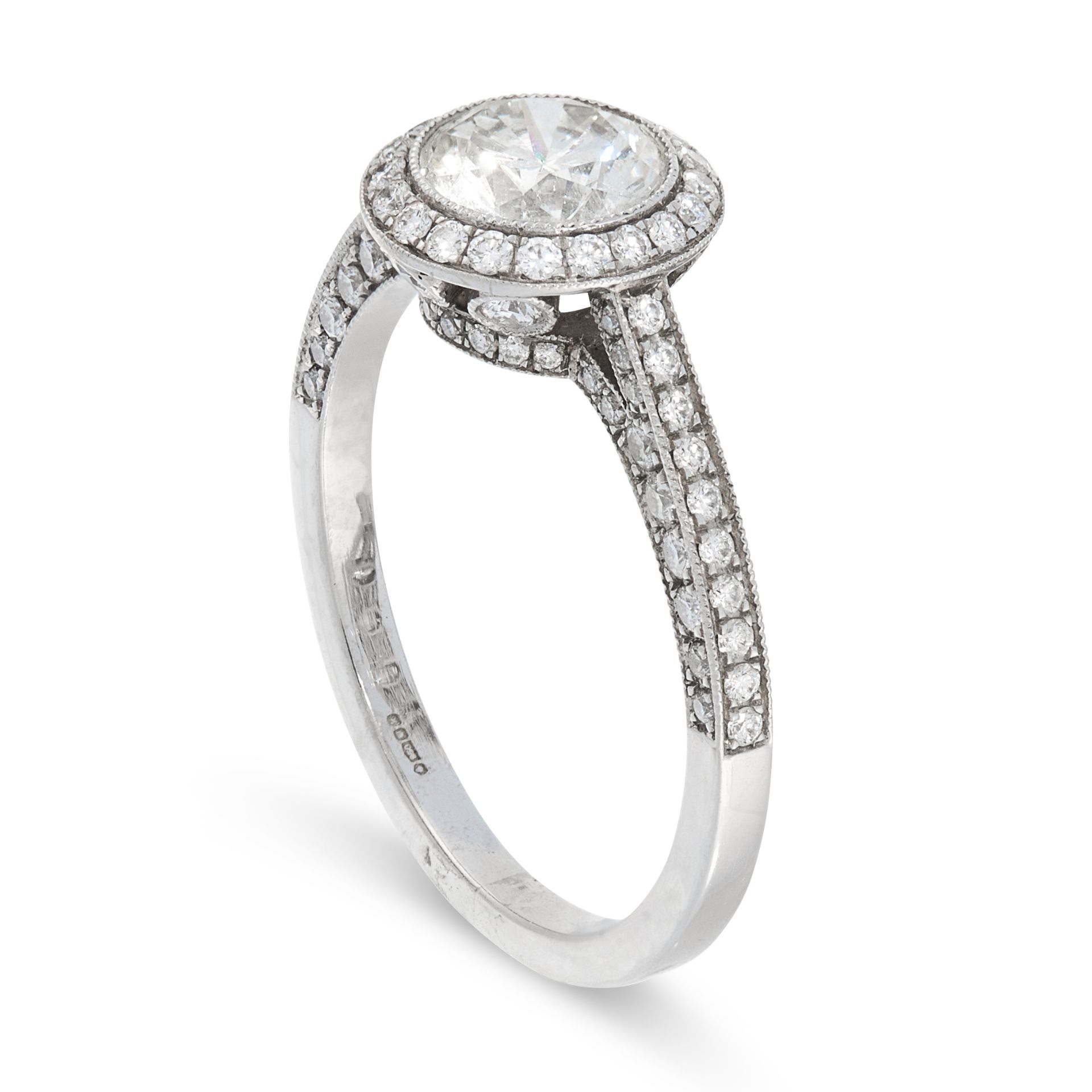 SOLITAIRE DIAMOND RING in platinum, of halo design with millegrain borders, set with a brilliant-cut - Image 2 of 2