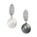 PAIR OF PEARL AND DIAMOND EARRINGS mounted in 18ct white gold, each set with a black pearl and white