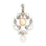 AN ANTIQUE NATURAL PEARL, DIAMOND AND ENAMEL PENDANT in yellow gold and silver, set with two
