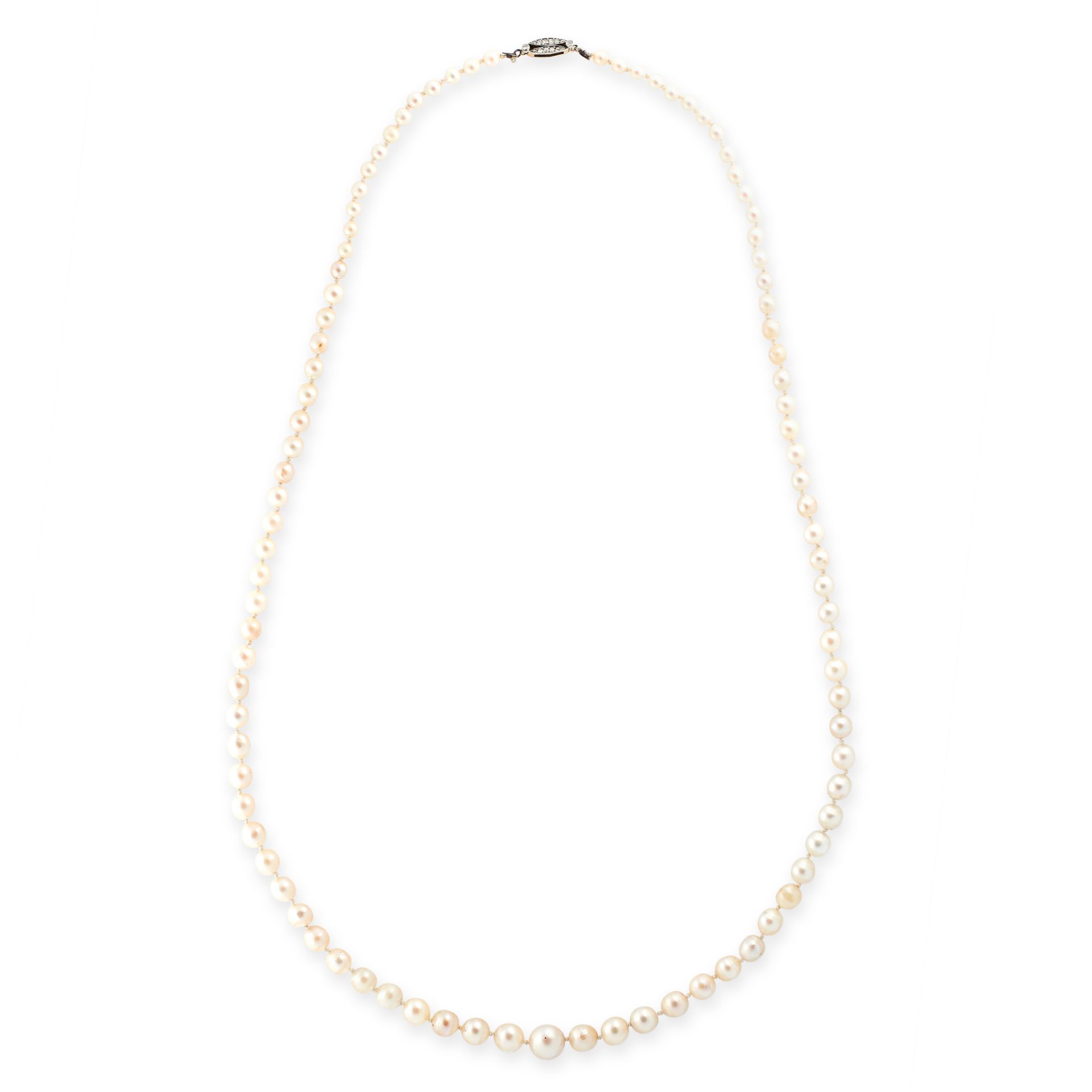 PEARL AND DIAMOND NECKLACE designed as a single row of pearls measuring 4.7-10.3mm, to a clasp set