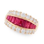 RUBY AND DIAMOND DRESS RING in 18ct yellow gold, set with a row of graduated French cut rubies,