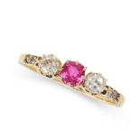 ANTIQUE RUBY AND DIAMOND DRESS RING in high carat yellow gold, set with a cushion cut ruby of 0.45