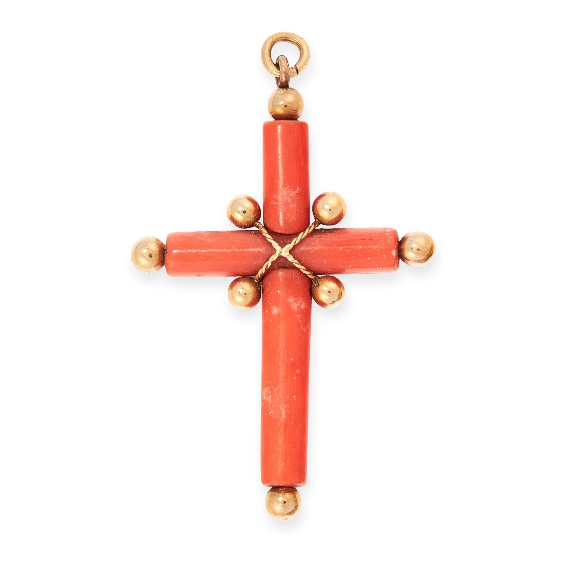ANTIQUE CORAL PENDANT, MID 19TH CENTURY designed as a cross in polished coral, with rope twist