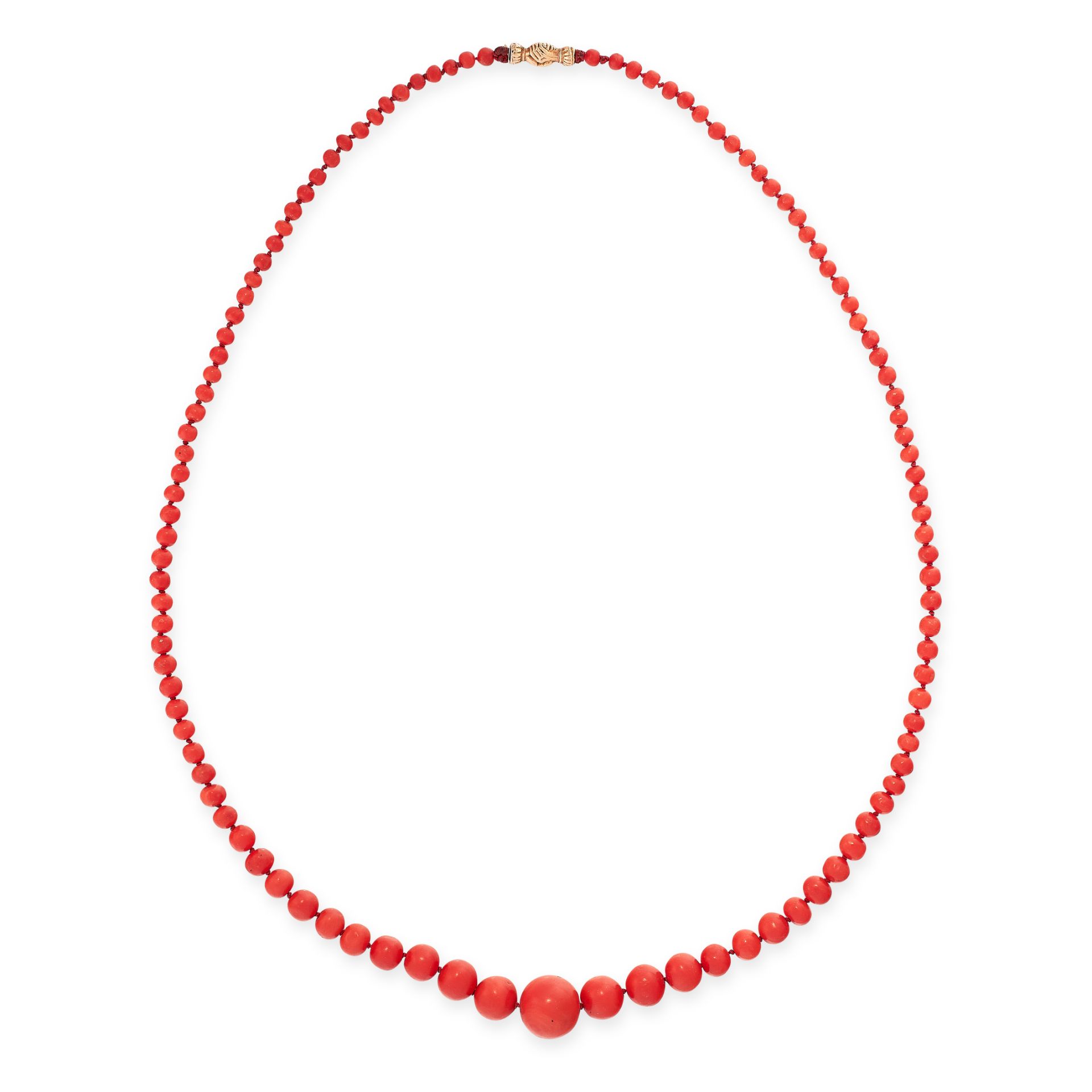 ANTIQUE CORAL BEAD NECKLACE in yellow gold, comprising a single row of one hundred and nine