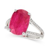 RUBY AND DIAMOND RING in platinum, set with a cushion cut Mozambique ruby of 7.38 carats on a