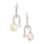 PAIR OF ANTIQUE NATURAL PEARL AND DIAMOND EARRINGS each of bifurcated design, millegrain-set with