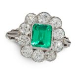 COLOMBIAN EMERALD AND DIAMOND CLUSTER RING set with an emerald cut emerald of 1.55 carats, within