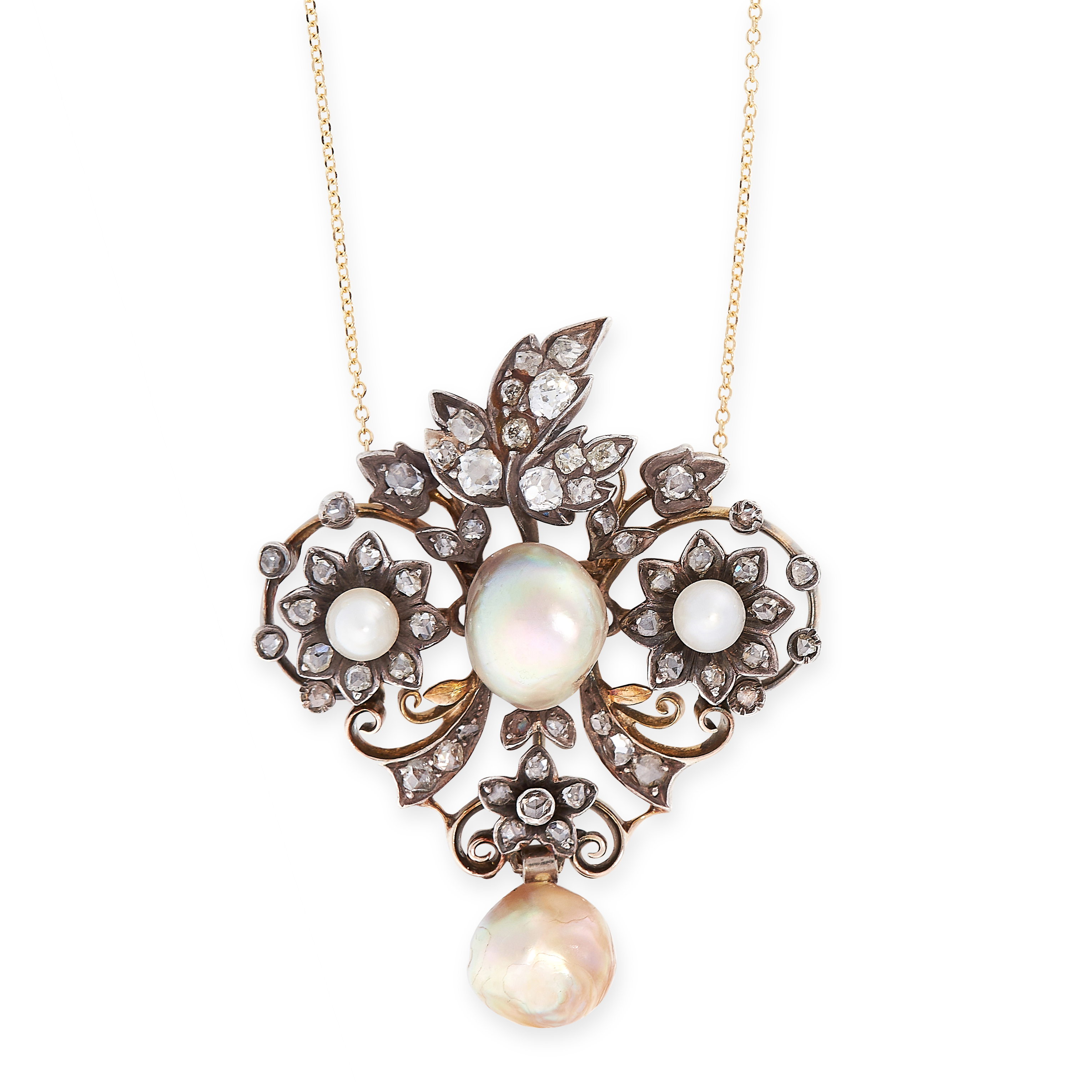 ANTIQUE NATURAL PEARL AND DIAMOND PENDANT, LATE 19TH CENTURY the pendant of floral scroll design,