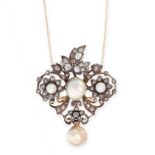 ANTIQUE NATURAL PEARL AND DIAMOND PENDANT, LATE 19TH CENTURY the pendant of floral scroll design,