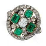 ANTIQUE EMERALD AND DIAMOND RING mounted in yellow gold and silver, set to the centre with an old