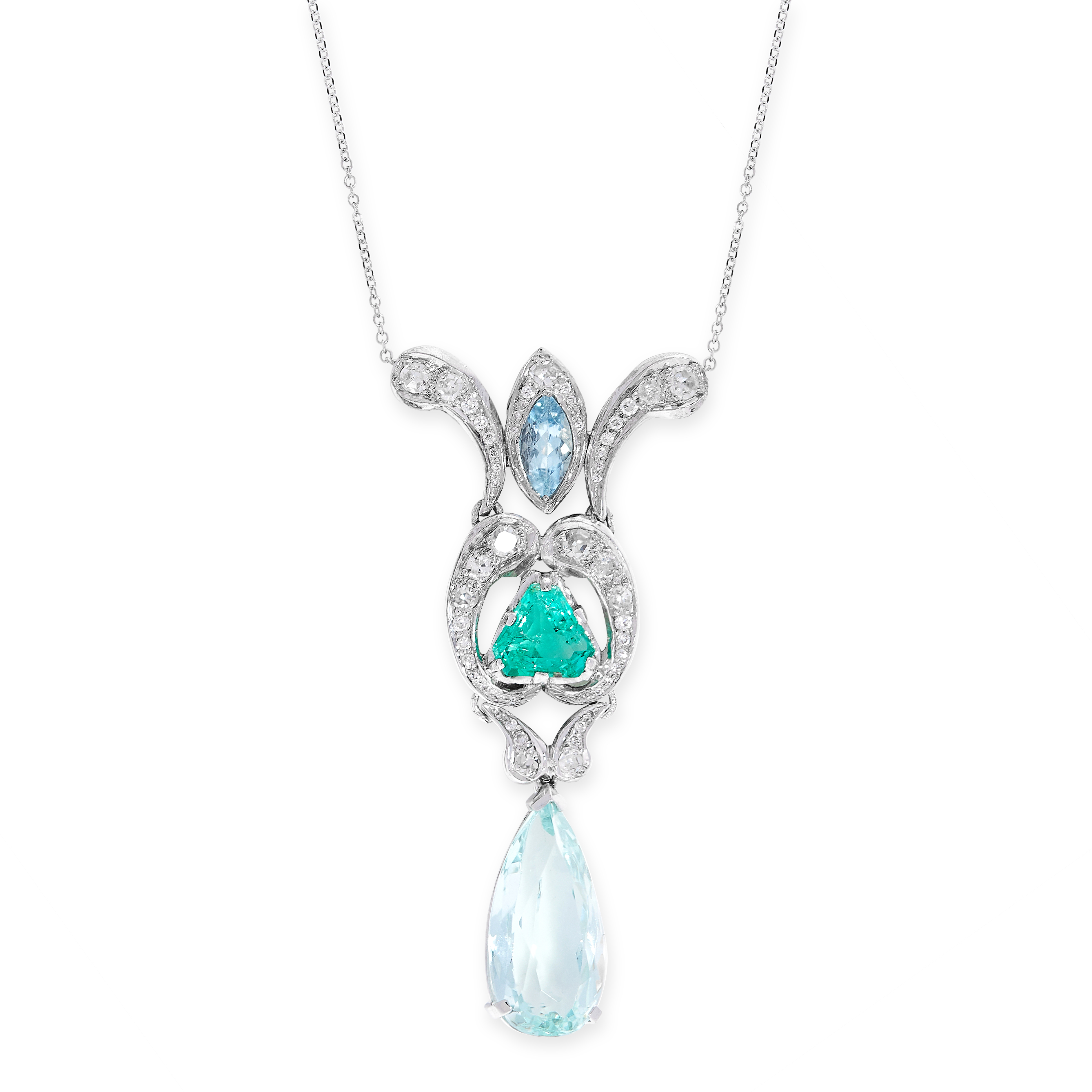 AQUAMARINE, EMERALD AND DIAMOND PENDANT NECKLACE the pendant of scroll design, set with a marquise-