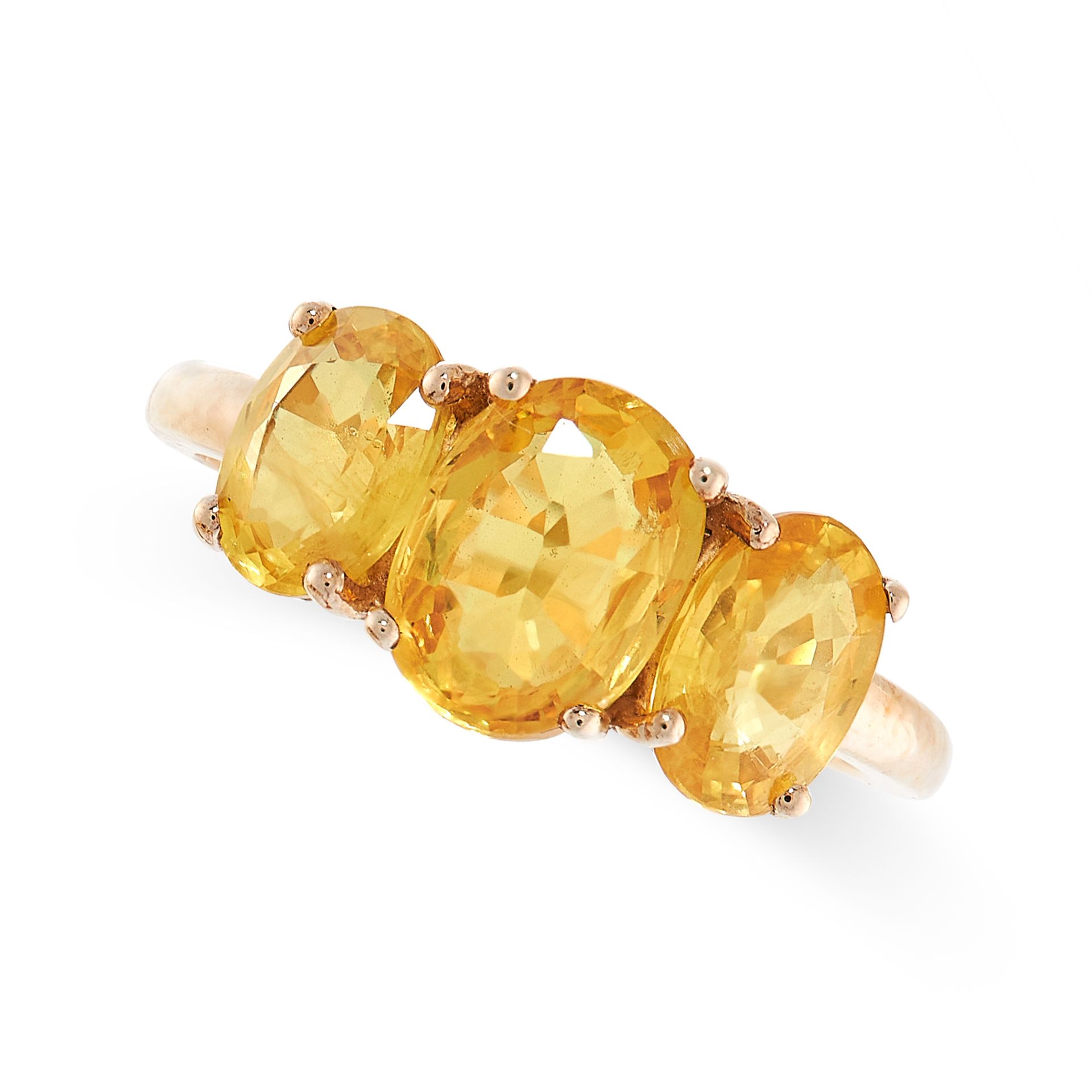 YELLOW SAPPHIRE RING claw-set with three oval yellow sapphires, size L1/2 / 6, unmarked, largest