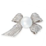 CULTURED PEARL AND DIAMOND BROOCH designed as a bow, the centre set with a bouton-shaped South Sea