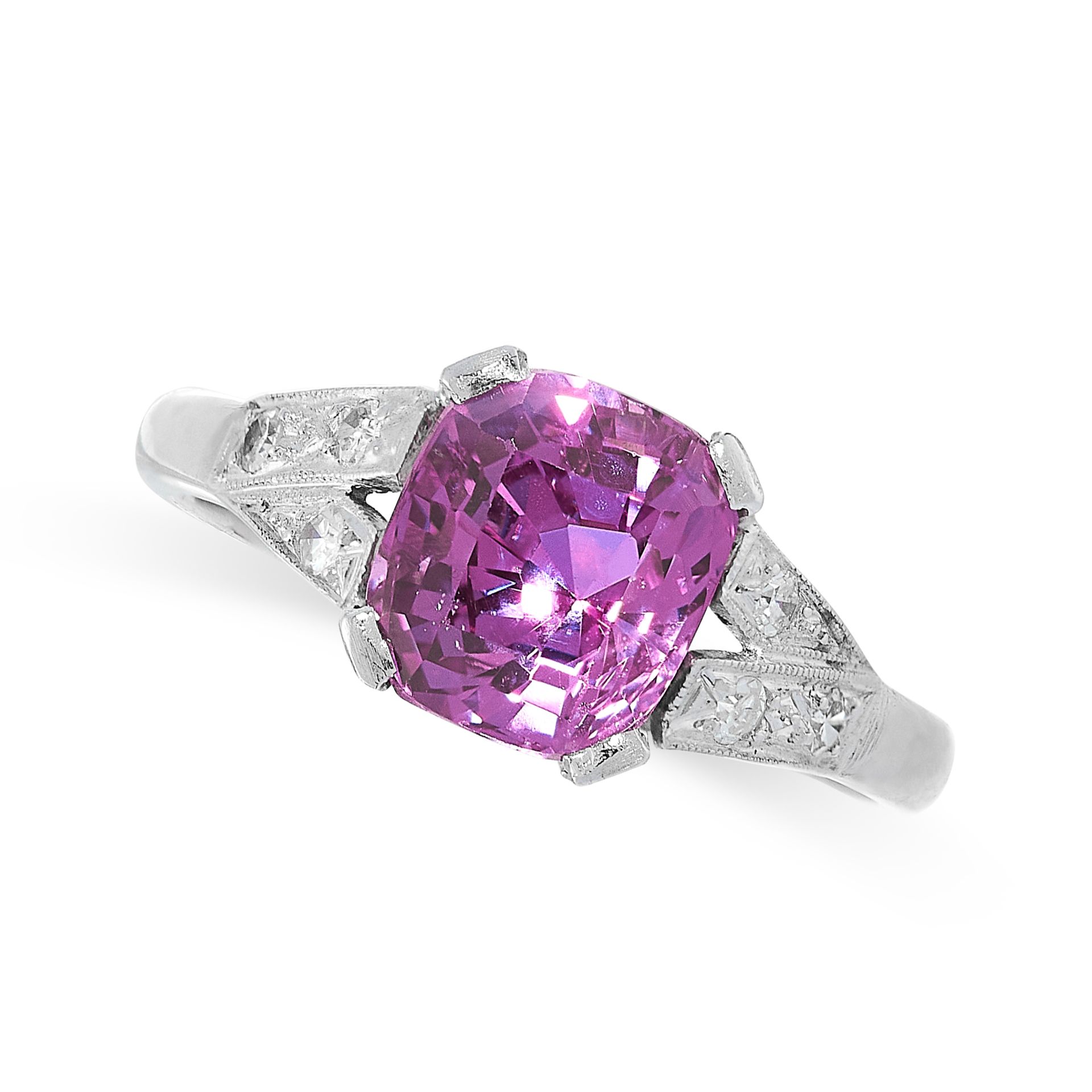 UNHEATED PINK SAPPHIRE AND DIAMOND RING claw-set with an octagonal mixed-cut pink sapphire