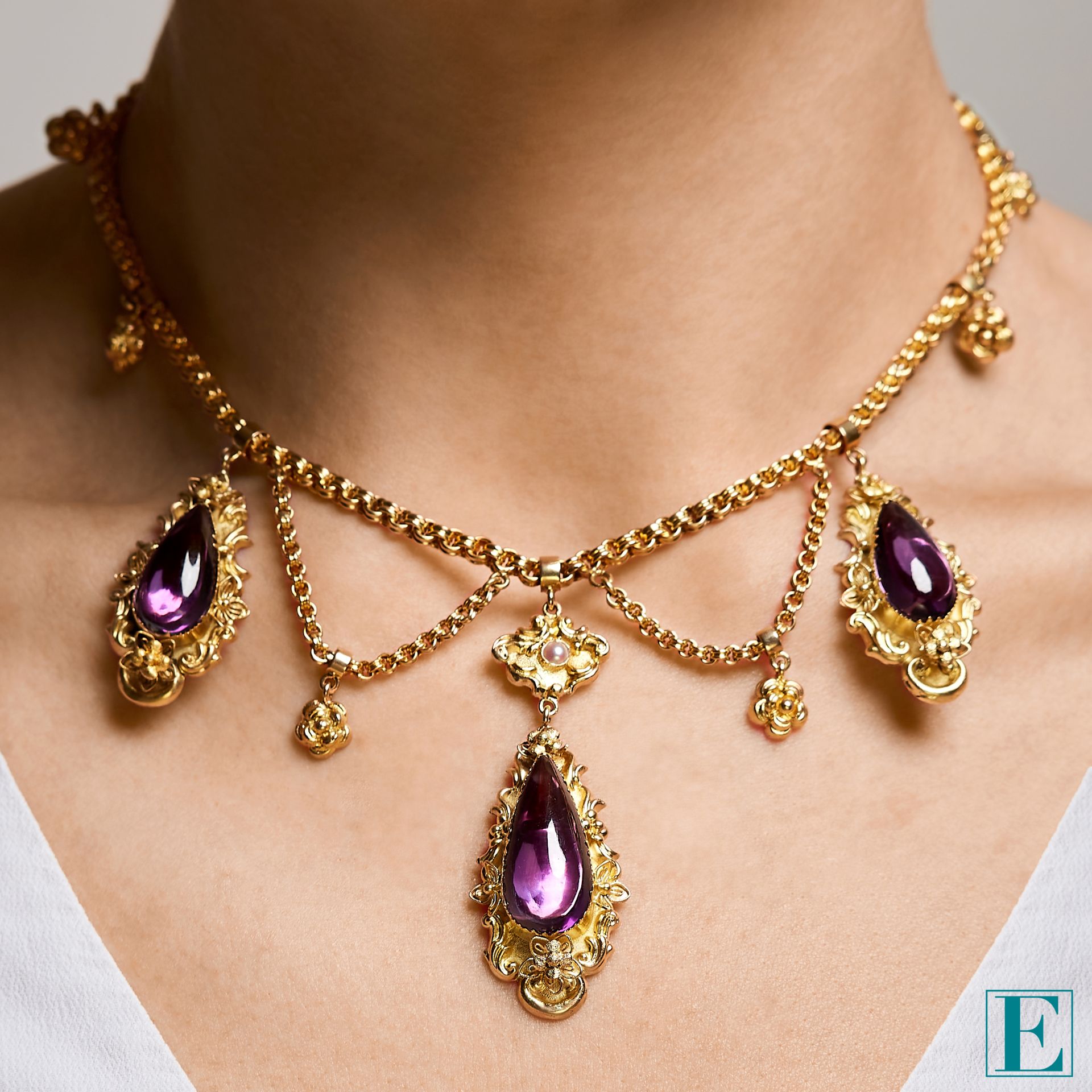 ANTIQUE AMETHYST AND PEARL NECKLACE, 19TH CENTURY in 15ct yellow gold, the fancy link necklace - Image 2 of 2