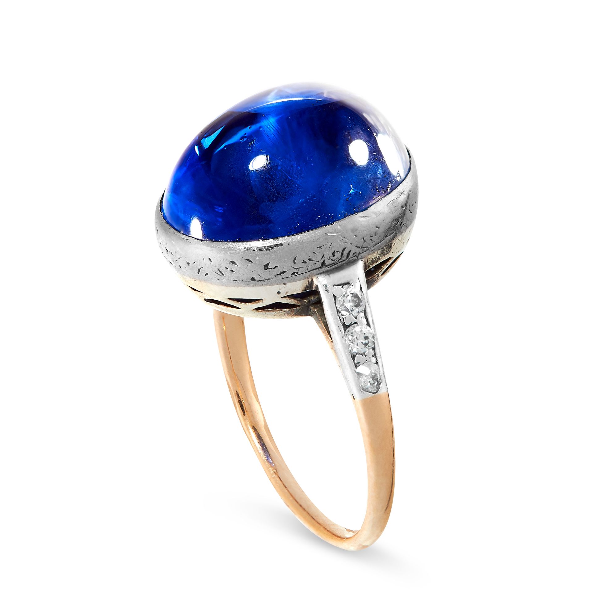 CEYLON NO HEAT SAPPHIRE AND DIAMOND RING collet-set with a cabochon sapphire weighing - Image 2 of 2