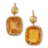 ANTIQUE CITRINE EARRINGS, 19TH CENTURY mounted in yellow gold, each set with a cushion shaped