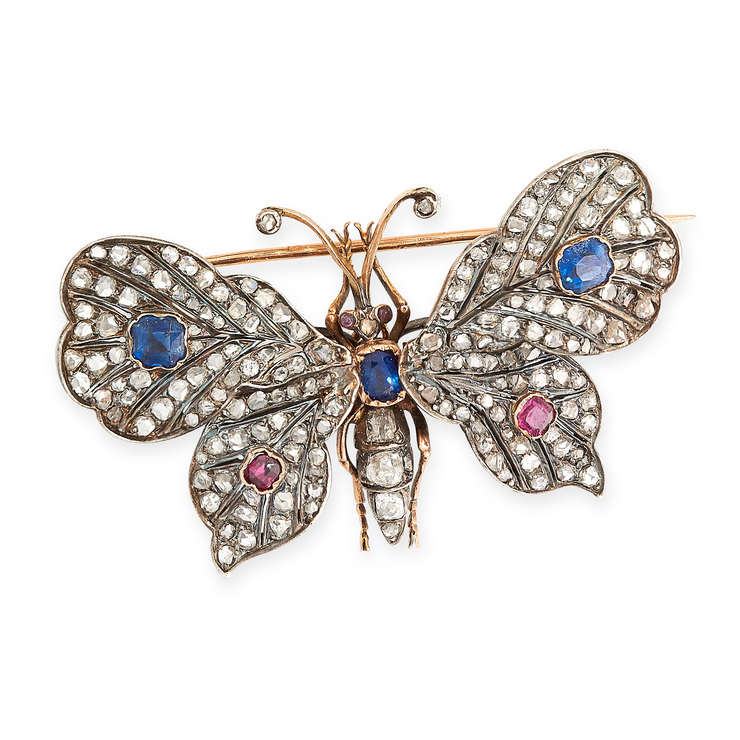 ANTIQUE SAPPHIRE, RUBY AND DIAMOND EN TREMBLANT BUTTERFLY BROOCH, 19TH CENTURY in 18ct yellow gold
