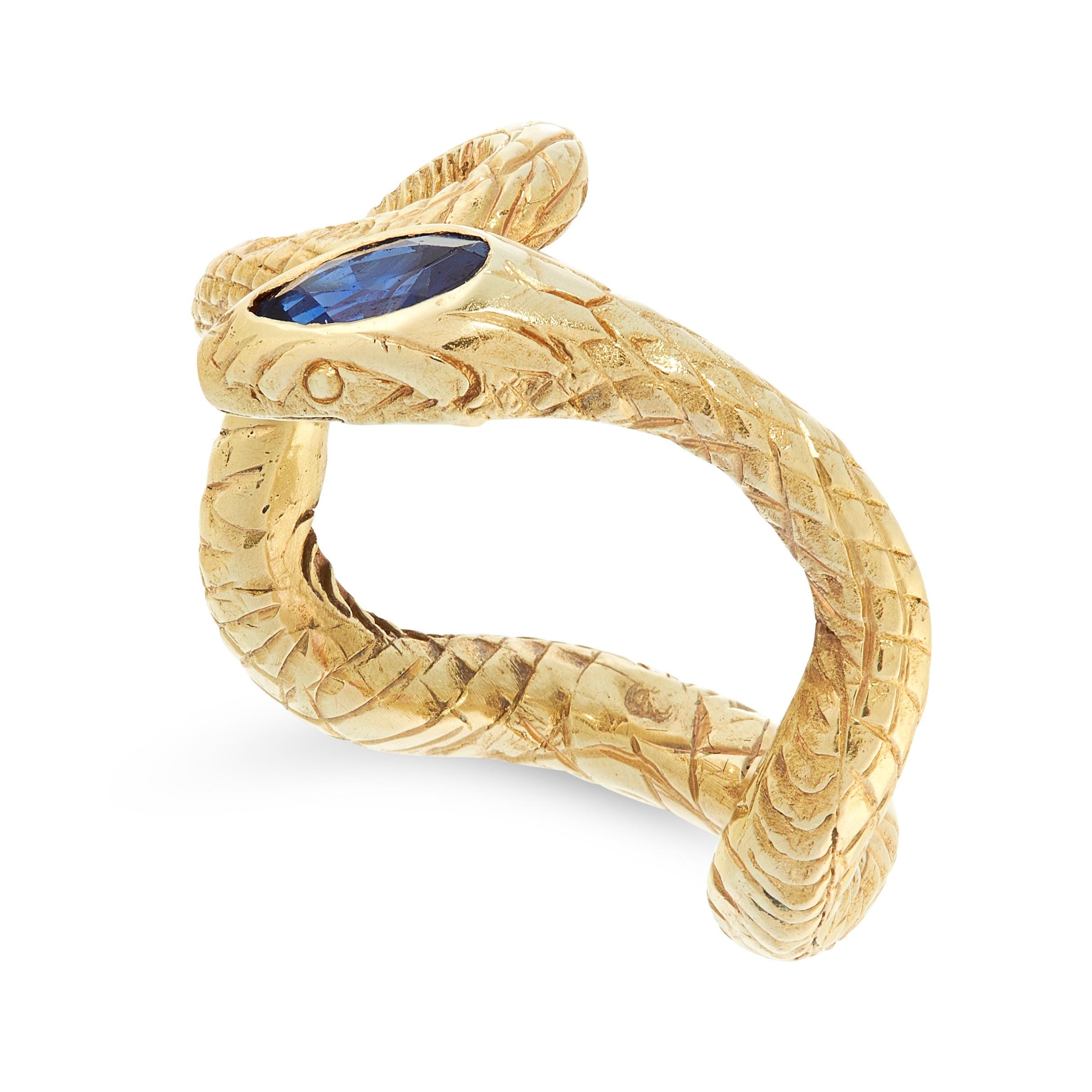 AN ANTIQUE SAPPHIRE SNAKE RING, RUSSIAN CIRCA 1905 in yellow gold, designed as the body of a snake