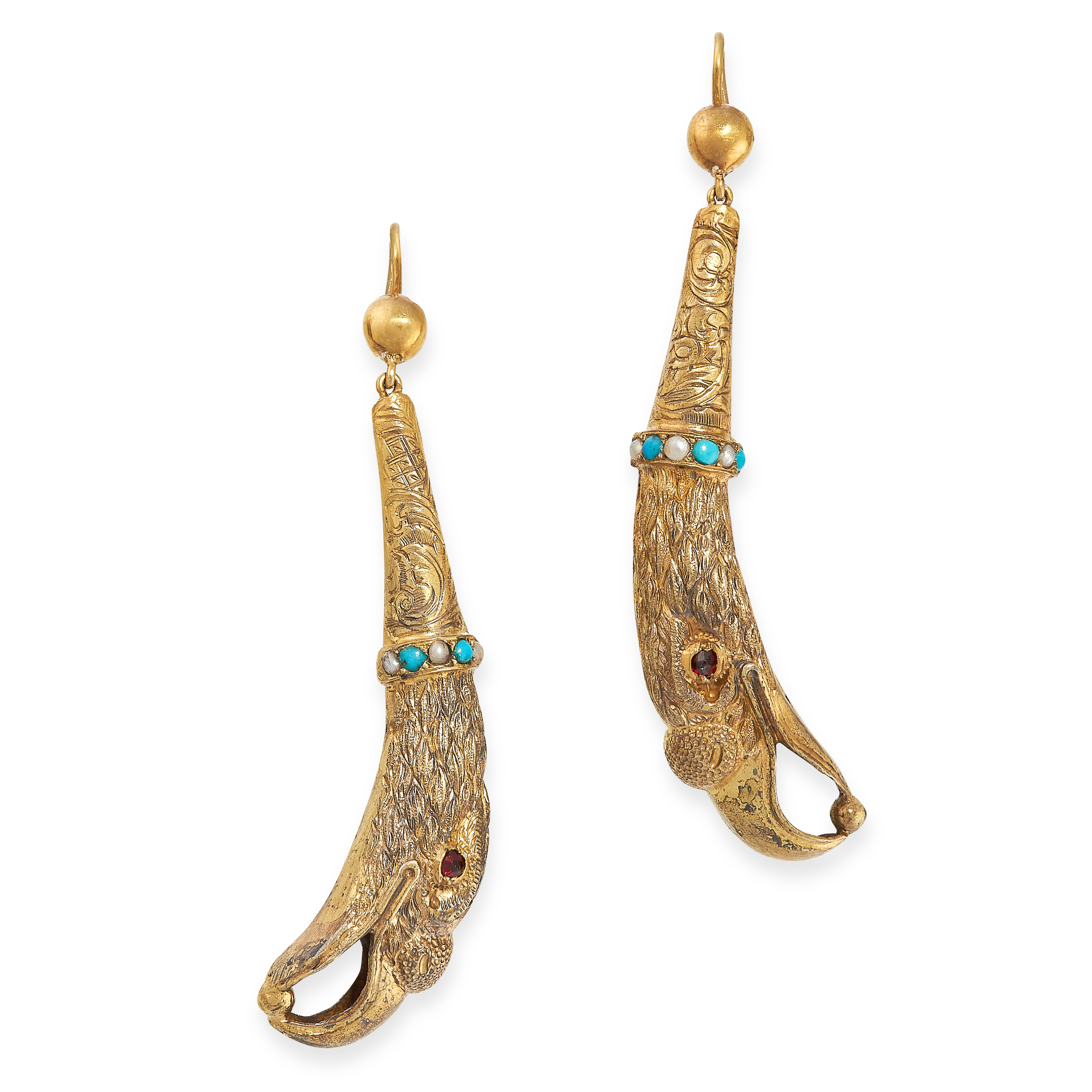 PAIR OF ANTIQUE TURQUOISE, PEARL AND GARNET EARRINGS, 19TH CENTURY mounted in yellow gold, each