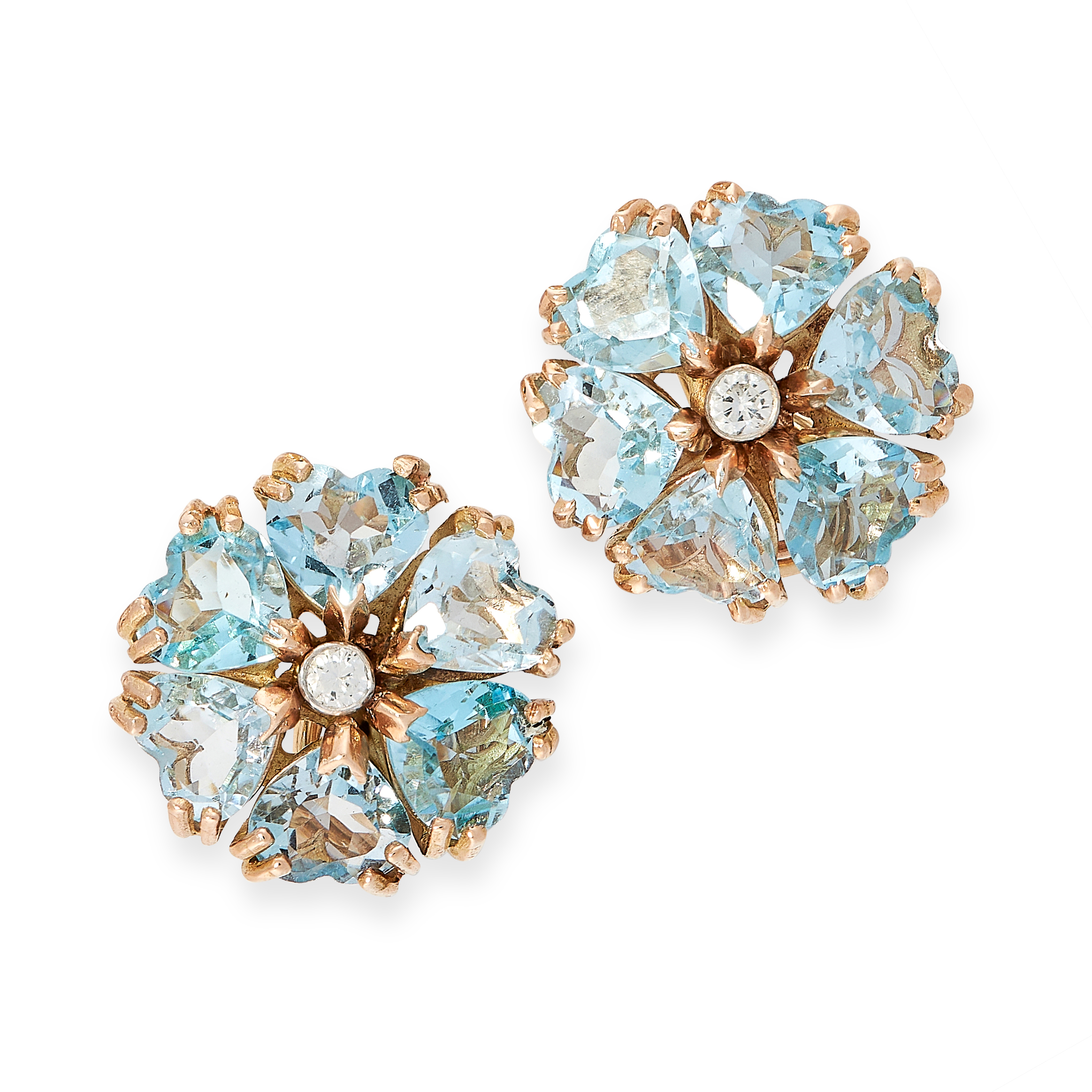 PAIR OF VINTAGE AQUAMARINE AND DIAMOND EARRINGS in yellow gold, each set with a round cut diamond,