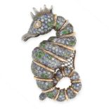 SAPPHIRE, GREEN GARNET AND DIAMOND BROOCH designed as a partially articulated seahorse, pavé-set