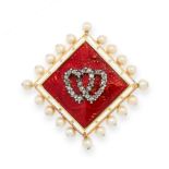 AN ANTIQUE DIAMOND, PEARL AND ENAMEL SWEETHEART BROOCH, LATE 19TH CENTURY in high carat yellow