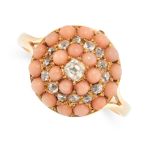 ANTIQUE CORAL AND DIAMOND RING, 19TH CENTURY AND LATER in yellow gold, the ring head converted